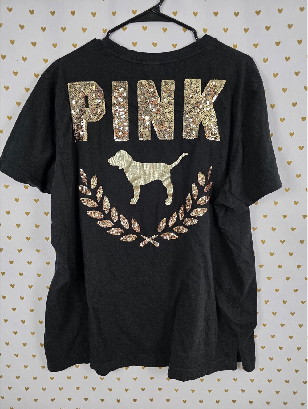 Victorias Secret PINK Black Gold Bling Logo Tee shirt Crest Sequined XXL 2XL